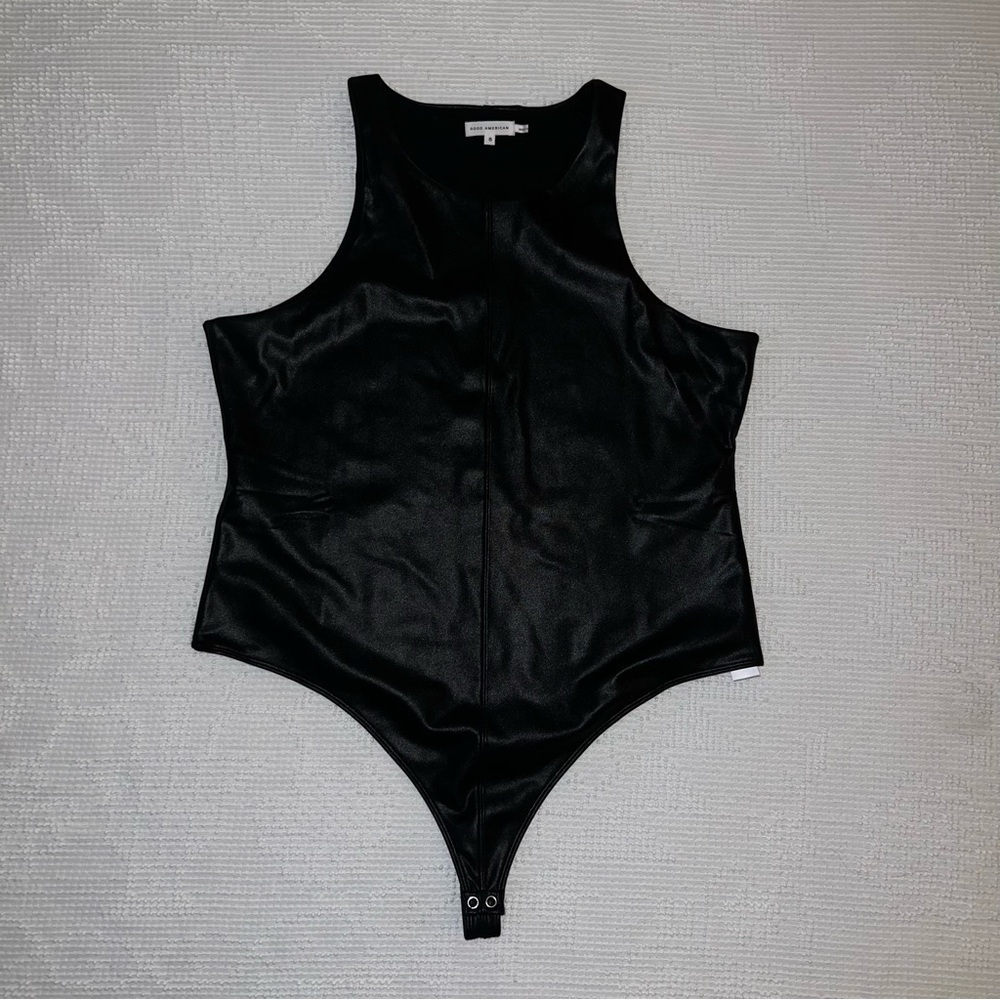 Good American Black Faux Leather Bodysuit